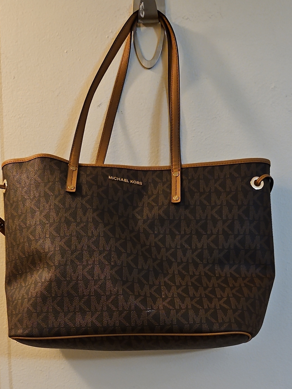 Michael Kors Dark Brown MK Signature Large Tote with Tan Trim